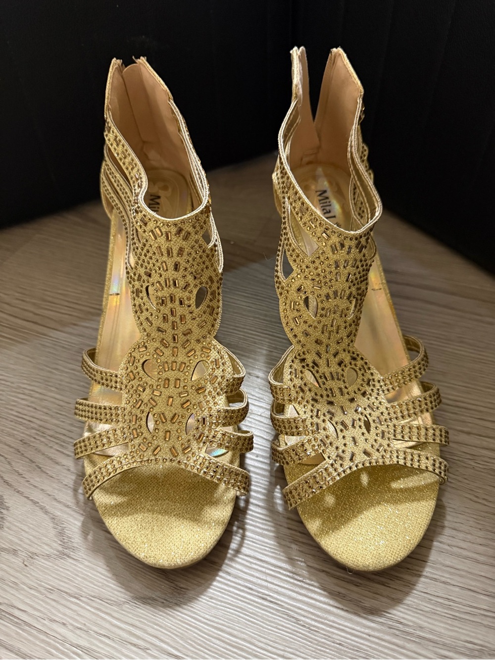 MIA Gold Rhinestone Cutout High-Heel Sandals size 7